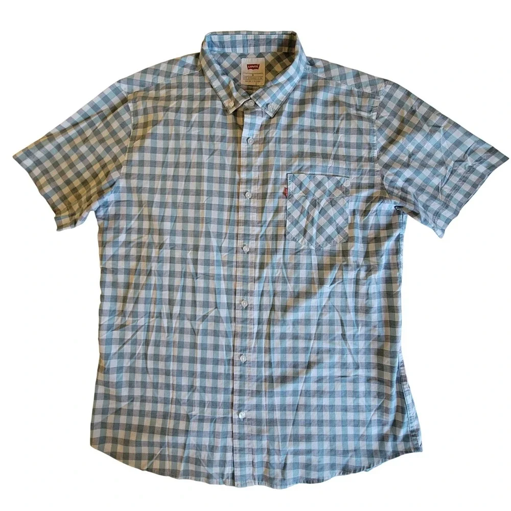 Levi's Button‎ Down Shirt Mens XL Teal White Gingham Short Sleeve Check Plaid